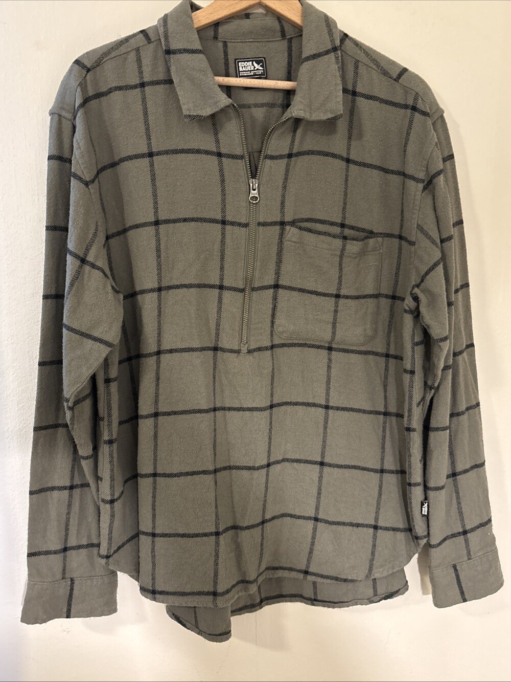 Eddie Bauer Shirt Women's Size TM Sage Green BlackPlaid Flannel Pullover 1/4 Zip